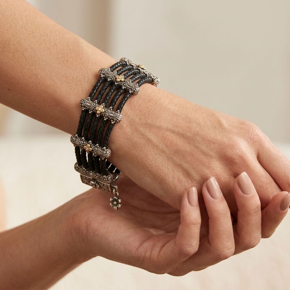 Barbara Bixby 925 Sterling Silver White Topaz Multi-Row Black Leather Bracelet